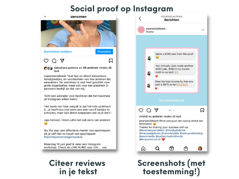 verkopen op Instagram social proof voorbeelden